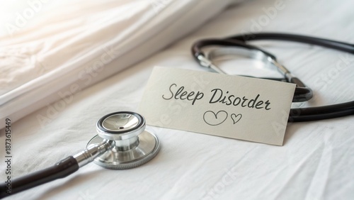 Stethoscope and Card with Sleep Disorder Note on Bed Cozy Atmosphere Medical Concept for Health and Wellness