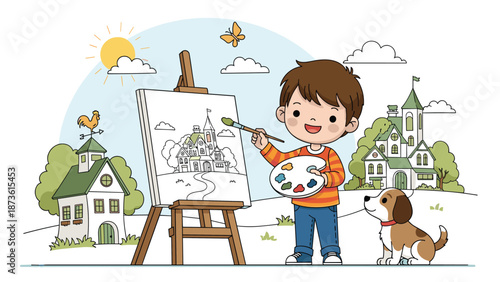 Talented young boy painting a landscape of houses and hills on an easel in the park while his dog watches with interest.