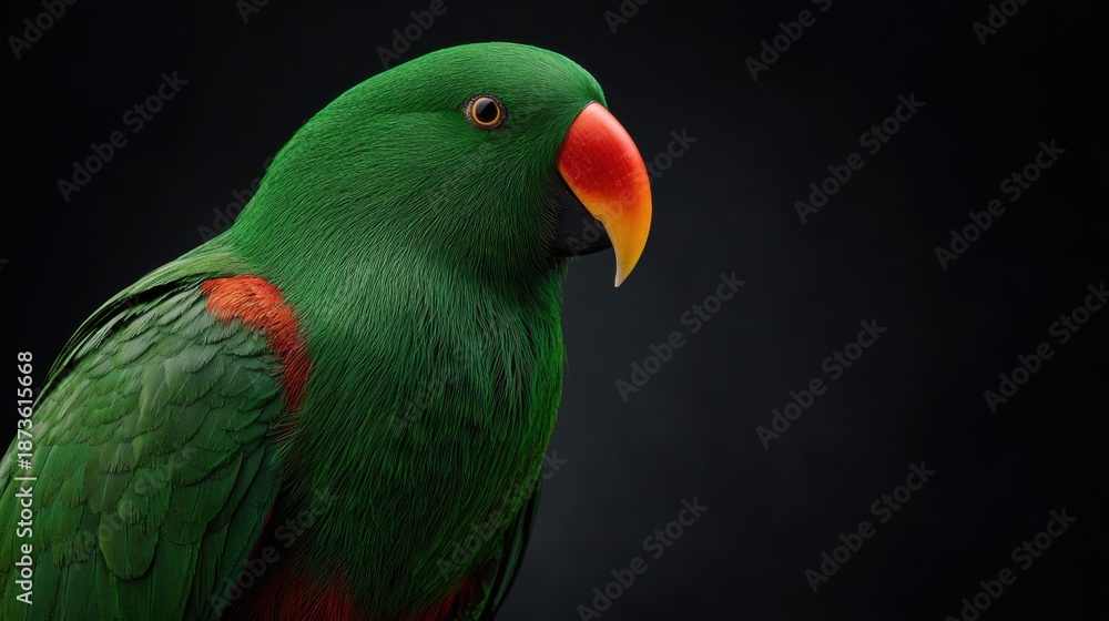 Naklejka premium Vibrant Green Parrot with Bright Orange Beak Against Dark Background