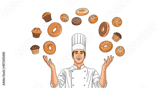Smiling pastry chef wearing a white uniform and hat while skillfully juggling various types of bread donuts and muffins in the air.