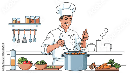 Happy male chef in a white uniform stirring a large pot of vegetable soup in a well equipped kitchen with fresh ingredients nearby.