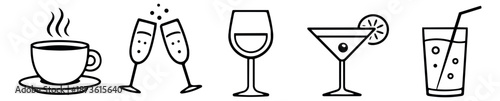 Line art drink glass icons set featuring coffee cup, toasting champagne flutes, wine, martini, and soda for bar and cafe menus