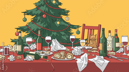 Cluttered table after a holiday party with leftovers wine glasses empty bottles crumpled napkins and a cat sitting on a chair.
