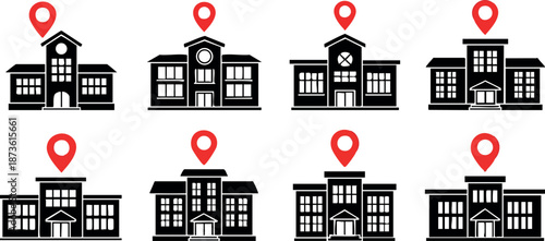 School building location icons with red map pins and black school structures vector set for education navigation symbols