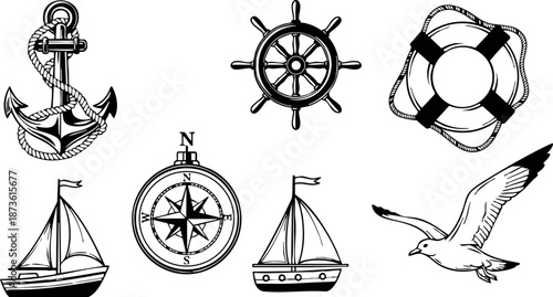 Nautical marine elements collection with anchor steering wheel compass sailboats lifebuoy and seagull vector illustration