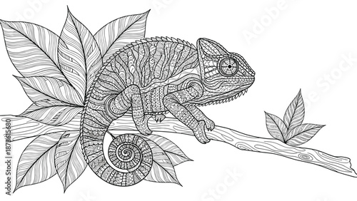 Detailed line art illustration of a chameleon resting on a tree branch with large leaves in a complex black and white pattern.