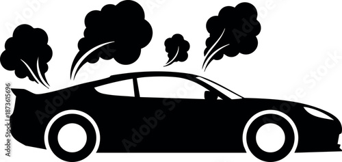 Car silhouette with smoke exhaust fumes vector icon for pollution and environment awareness design