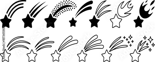 Shooting star icon set illustration featuring comets, falling stars, and celestial streaks in playful outline and solid styles.