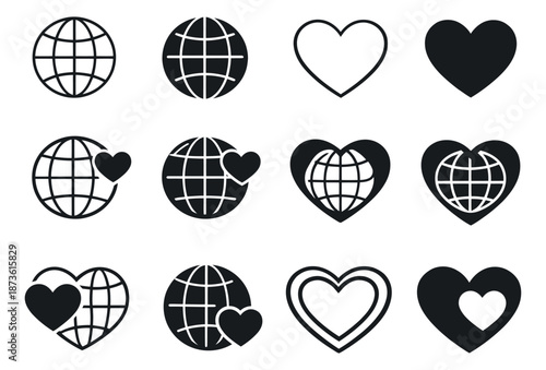 Modern minimalist icon set featuring globes and hearts in line art and solid designs, symbolizing global love for environmental care and international connections
