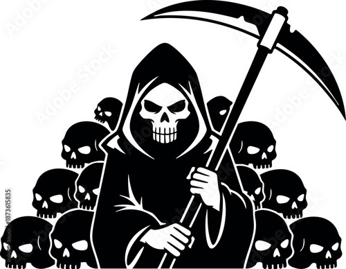 Grim Reaper holding scythe with skulls pile dark vector illustration for horror design and spooky theme