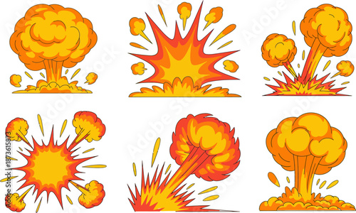 Cartoon explosion effects illustration set featuring fiery blasts, mushroom clouds, shockwaves, and dynamic impact visuals for action scenes.