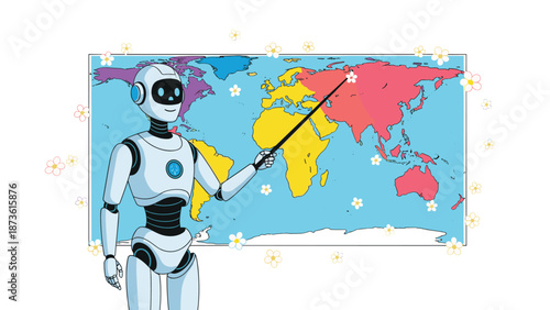 High-tech white robot teacher uses a long pointer to show specific regions on a colorful world map decorated with small flowers.