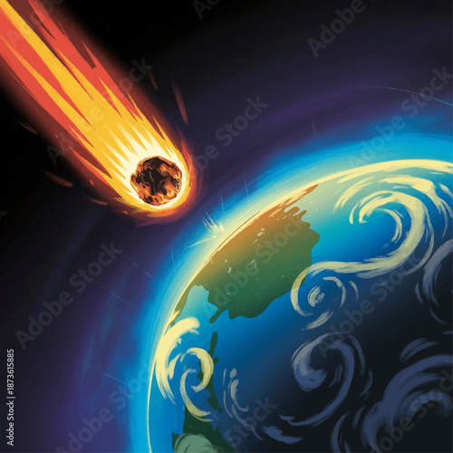 Fiery meteor approaching Earth illustration depicting cosmic impact, planetary danger, space energy, and dramatic astronomical collision scene.