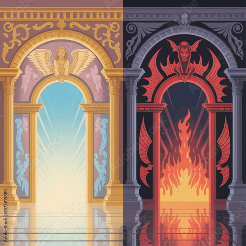 Contrasting heaven and hell illustration with ornate arches depicting serenity, light, fire, and darkness symbolizing moral choices and duality.
