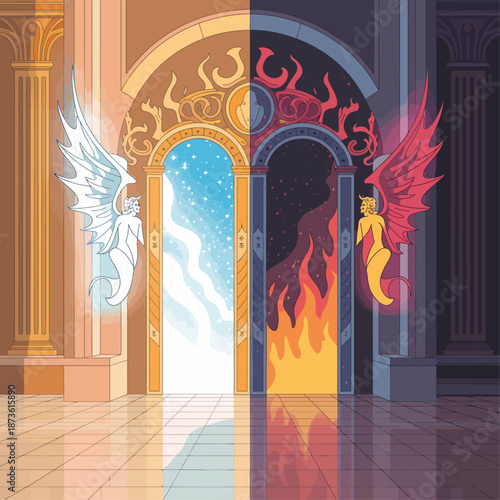 Contrasting heaven and hell illustration with ornate arches depicting serenity, light, fire, and darkness symbolizing moral choices and duality.