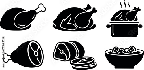 Meat and poultry icons including roasted chicken ham bowl of meat vector illustration set