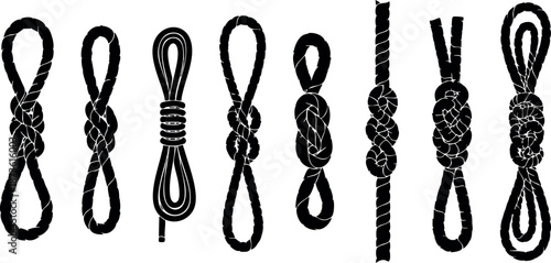 Collection of Various Decorative Knots and Rope Loops in Black Vector Style for Design and Craft Projects