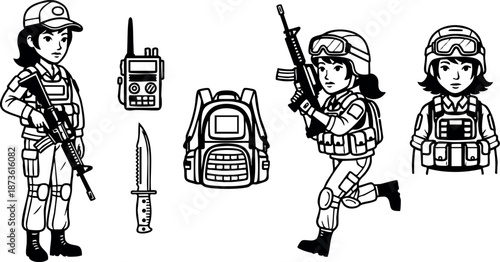 Female soldier vector set with military equipment and combat poses for tactical warfare design