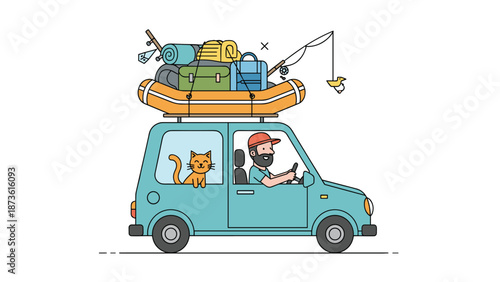 Cheerful man and his orange cat drive a small blue car packed with camping gear and an inflatable boat on the roof for a trip.