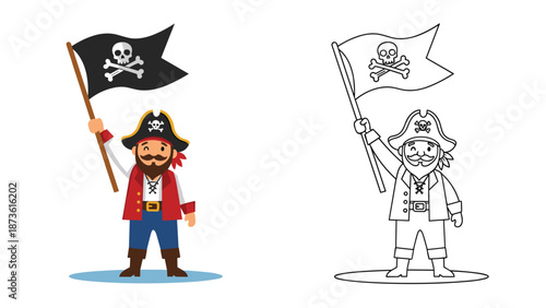 Comparison between a colored and a line art version of a smiling pirate captain holding a black flag with a skull and crossbones.