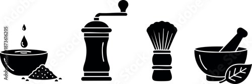 Spice grinder, mortar and pestle, and herb brush set vector icons for kitchen cooking and seasoning tools