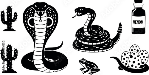 Cobra snake with venom bottle, hatching eggs, frog and cacti vector illustration in black silhouette style