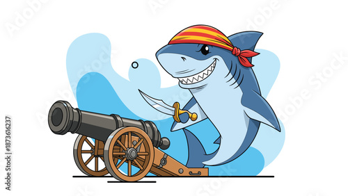 Cartoon shark dressed as a pirate with a red and yellow bandana holds a dagger while standing next to a large old-fashioned cannon.