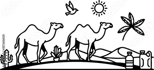 Two camels walking in desert landscape with sun birds and cacti vector illustration