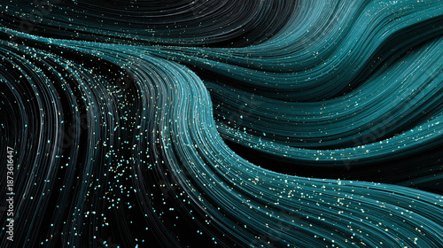An abstract illustration of flowing teal lines with small particles. It creates a sense of movement and depth against a dark background