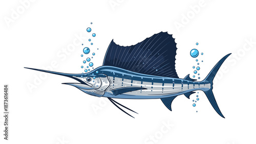 Majestic blue sailfish swims gracefully through the water with its dorsal fin raised while surrounded by tiny air bubbles in the sea.