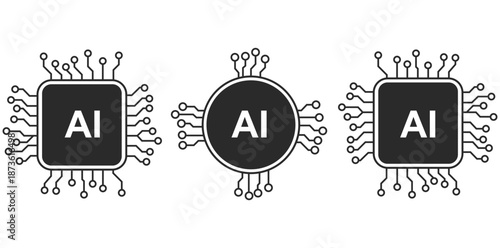 AI Chips: Three stylized illustrations showcase the concept of artificial intelligence, represented by circuit-board-like designs.