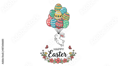 Cute white bunny floating in the air with a bunch of colorful decorated Easter egg balloons above a festive flower wreath.