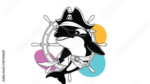 Pirate orca wearing a skull and crossbones hat and eye patch holding a sword in front of a ship wheel and colorful shapes.