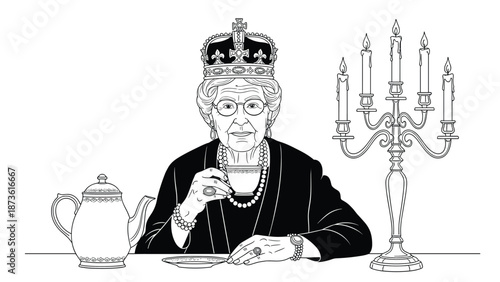 Regal queen wearing a crown and pearls drinking tea from a fine china cup at a table with a silver teapot and candelabra.