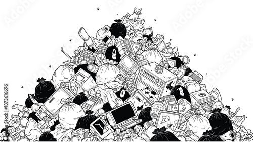 Large heap of garbage and electronic waste including old computers and bags with a stray cat on top in black and white art.