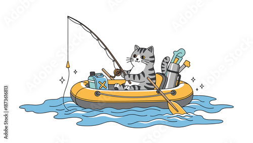 Cute striped cat sitting in a yellow inflatable boat fishing with a rod and gear on calm blue water with a friendly look.