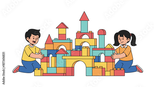 Young boy and girl playing together while building a large colorful toy castle out of plastic building blocks on the floor.