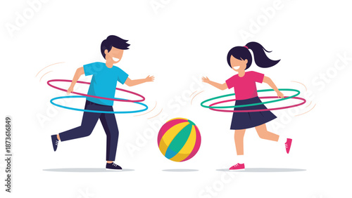Happy young boy and girl playing with hula hoops and a colorful striped beach ball in a fun outdoor physical activity scene.