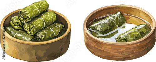 Two sets of Dolma, a classic Turkish dish isolated on a white background. Vector illustration for restaurant or menu design