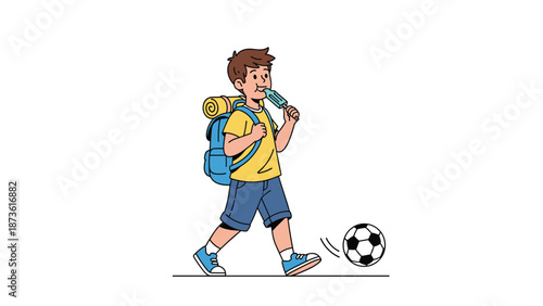 Little boy with a blue backpack hiking outdoors while eating a popsicle and kicking a soccer ball along a path in nature.