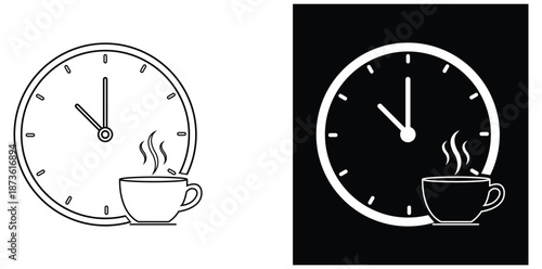 Coffee Break Time: A minimalistic graphic captures the essence of a coffee break, with a steaming cup of coffee beside a clock indicating the moment of respite.