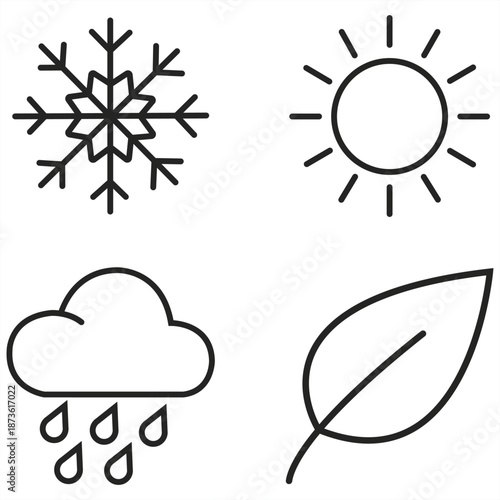 Seasons and Elements: Simple line illustrations present a set of seasonal symbols, each denoting a specific aspect of the year's cycle. A snowflake, sun, rain cloud, and leaf.