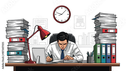 Overworked businessman in a white shirt and tie writing at his desk surrounded by massive stacks of paper file folders.