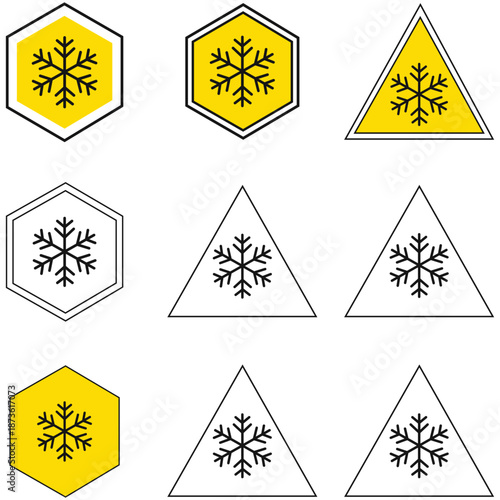 Cold Warning Sign Collection: A compilation of essential warning signs featuring a stylized snowflake symbol, conveying caution and indicating potential risks associated with freezing temperatures.