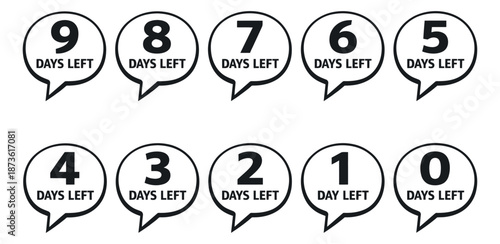 Line art countdown elements set featuring numbers from nine to zero and 'days left' text for promotional campaigns