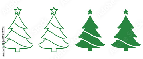 Evergreen Elegance: A quartet of intricately designed Christmas tree icons, offering a blend of minimalist outline and vibrant solid representations of festive cheer.