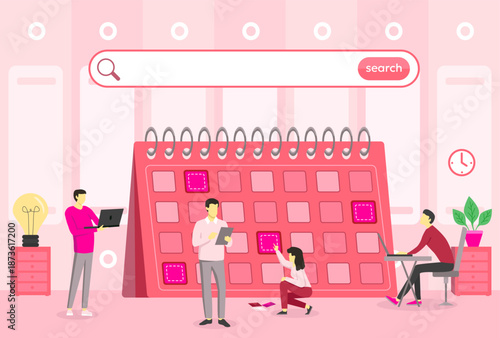 Four individuals focusing on different tasks in workspace. Two people using devices, while one organizing papers and another writing at desk. Large calendar visible