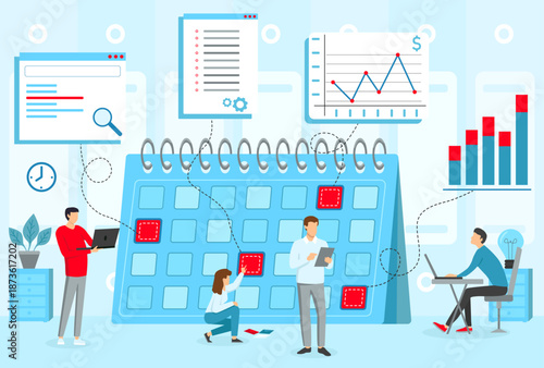 People using devices to collaborate on project planning. They reviewing schedules, data, and charts during working hours