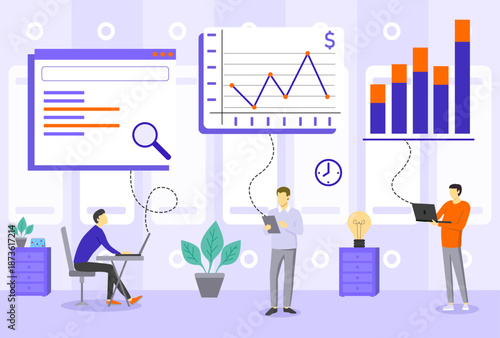 People engaged in work related to data analysis. One at desk with laptop, others holding gadgets. Charts and graphs displayed on screens nearby