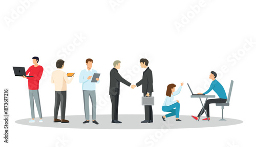 People engaging in various activities. Some working on laptops, while others having discussions and making deal. Collaboration and communication concept